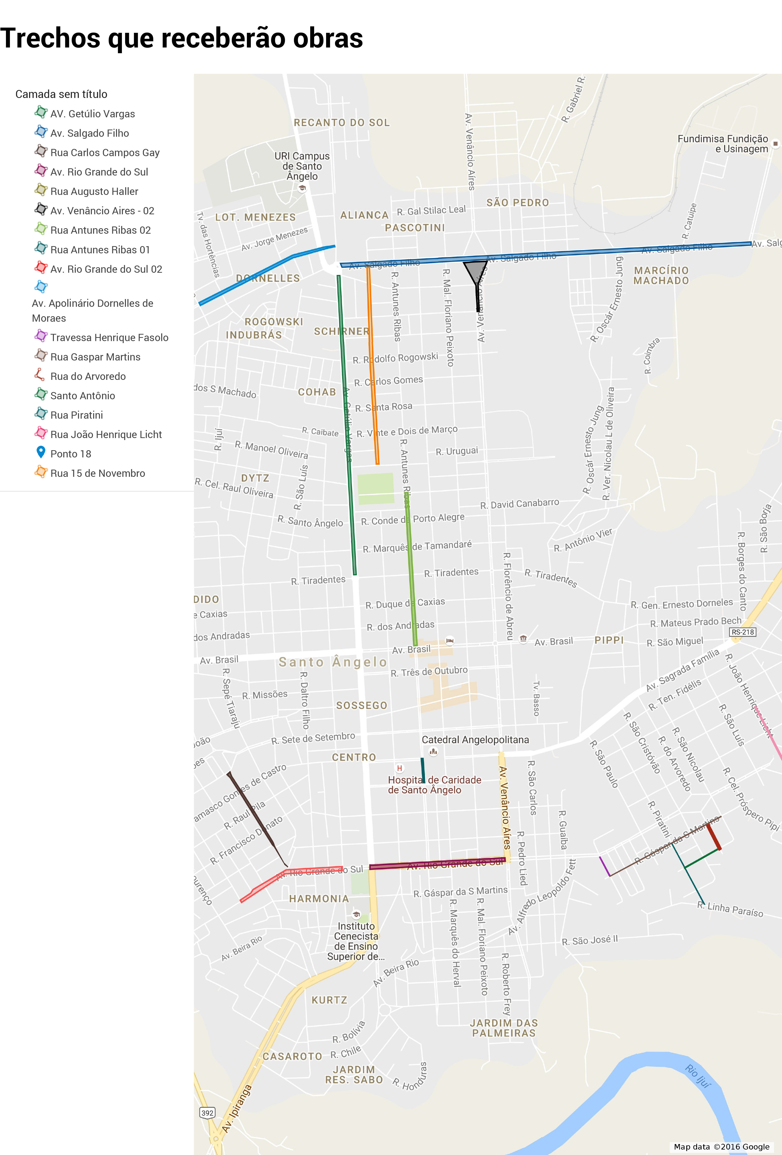 Mapa com a marcação das ruas que receberão obras confeccionado com o auxílio de ferramentas do Google Maps