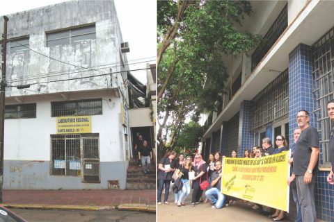 Foto superior: Atual prédio onde funciona a 12ª Coordenadoria de Saúde. Foto inferior servidores em frente ao antigo prédio do Banrisul em Santo Ângelo reivindicado para o funcionamento da Coordenadoria