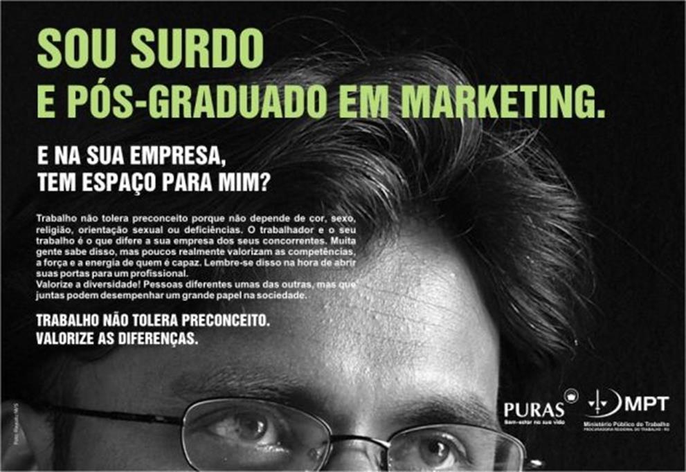 Anúncio da “Diversidade no Trabalho”, de 2009, era o “Texto 3” dos “Textos Motivadores” do tema “Desafios para a formação educacional de surdos no Brasil”